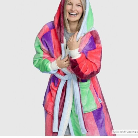 The Oodie Sherpa Robe Multi Stripe NWT - Picture 4 of 12